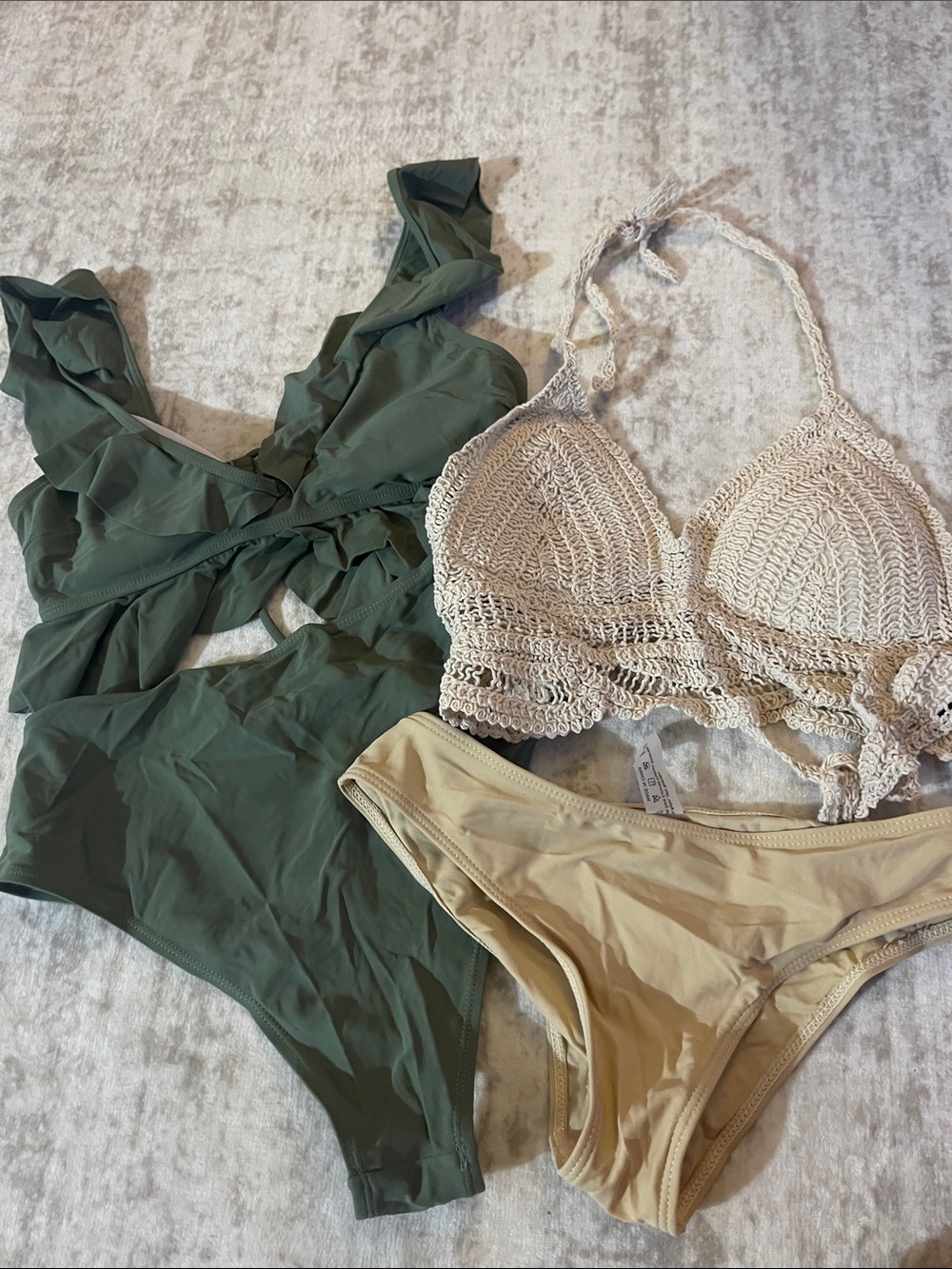 SHEIN Green One-Piece, Cream Crochet Bralette & Tan Bikini Bottoms